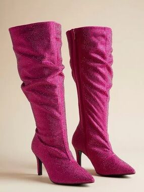 Torrid Pink Rhinestone Slouch Knee Boots Extra Wide Width WW 3.5" Stiletto Heel